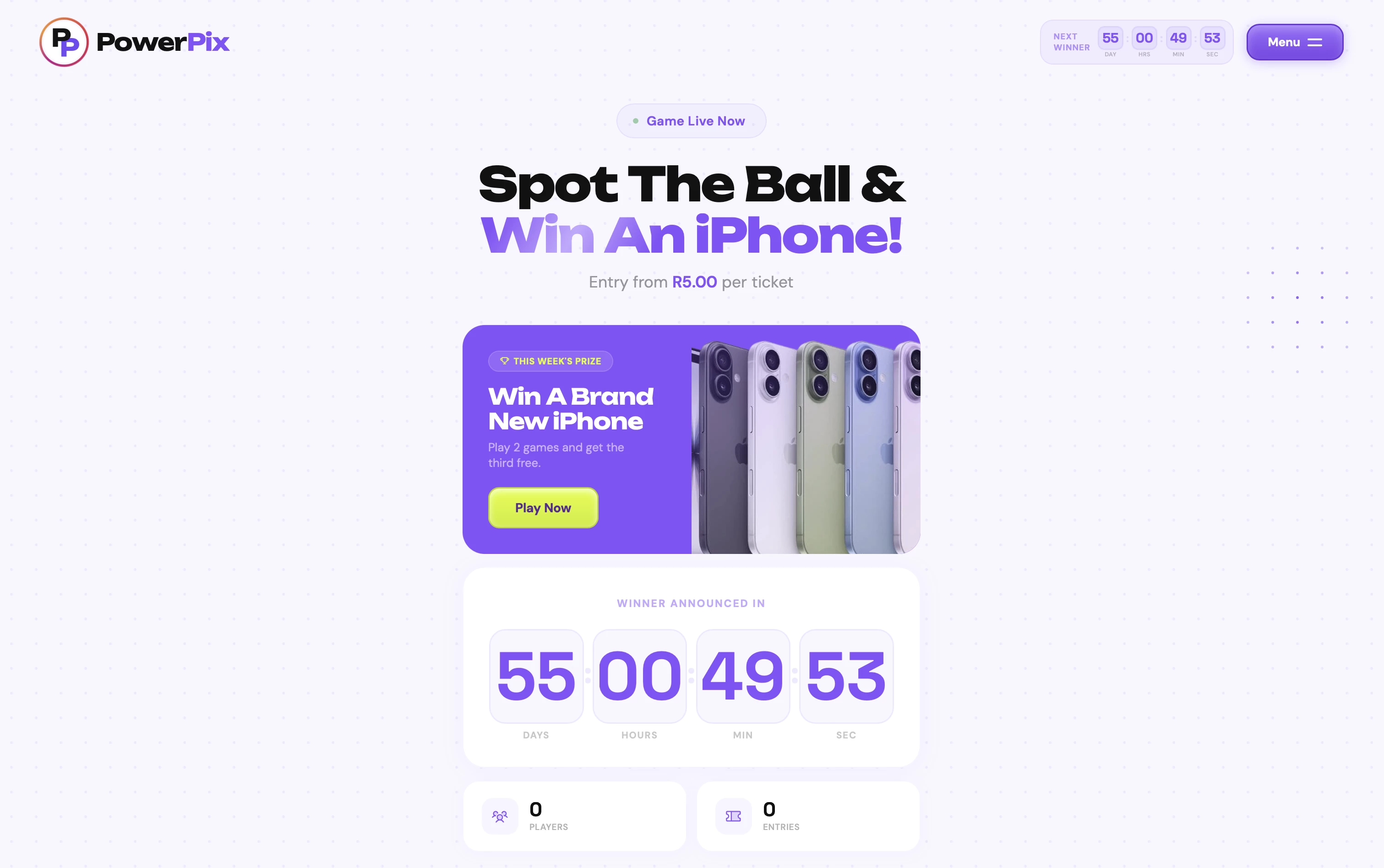 Winner announcement countdown on the homepage